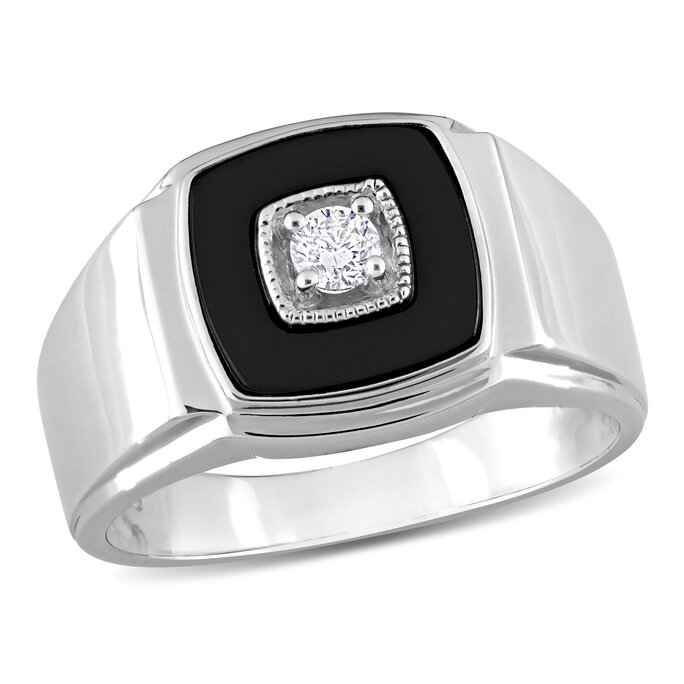 Sterling Silver Diamond And Black Onyx Square Men's Ring Sterling Silver Diamond And Black Onyx Square Men's Ring