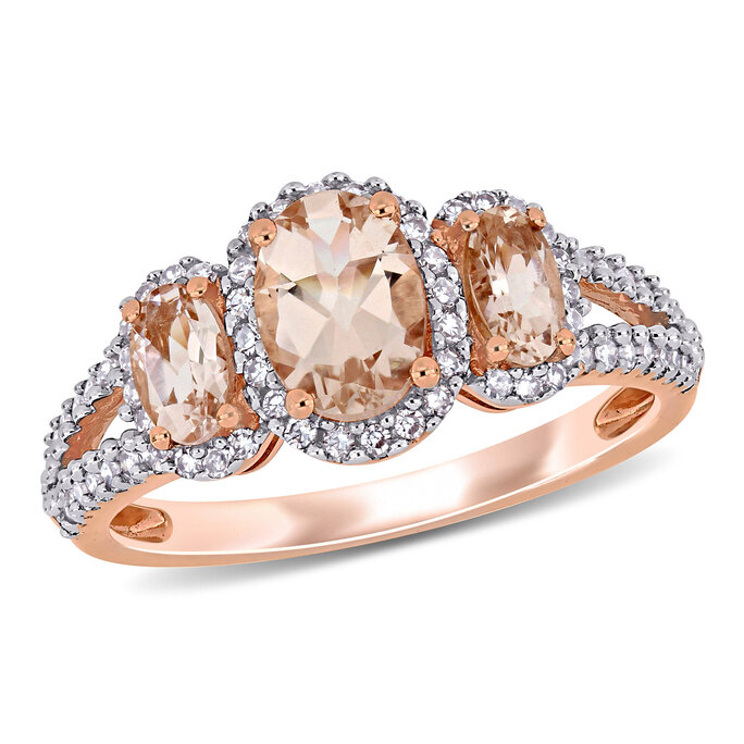 645992 1 110 ct tgw morganite and 13 ct tw diamond 3 stone split shank ring in 14k rose gold t684
