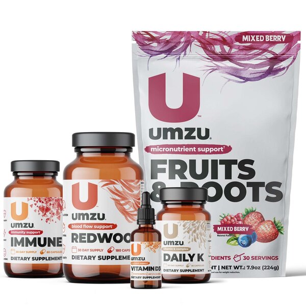 UMZU Immunity Bundle FRUITS & ROOTS™, IMMUNE, REDWOOD, LIQUID VITAMIN D3 & DAILY K Military