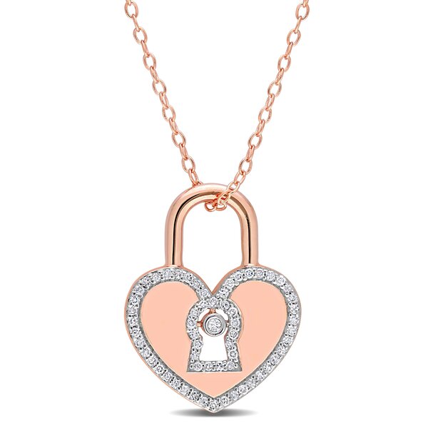 Diamond Heart Lock Necklace 1/8 ct tw Round-cut Sterling Silver 18